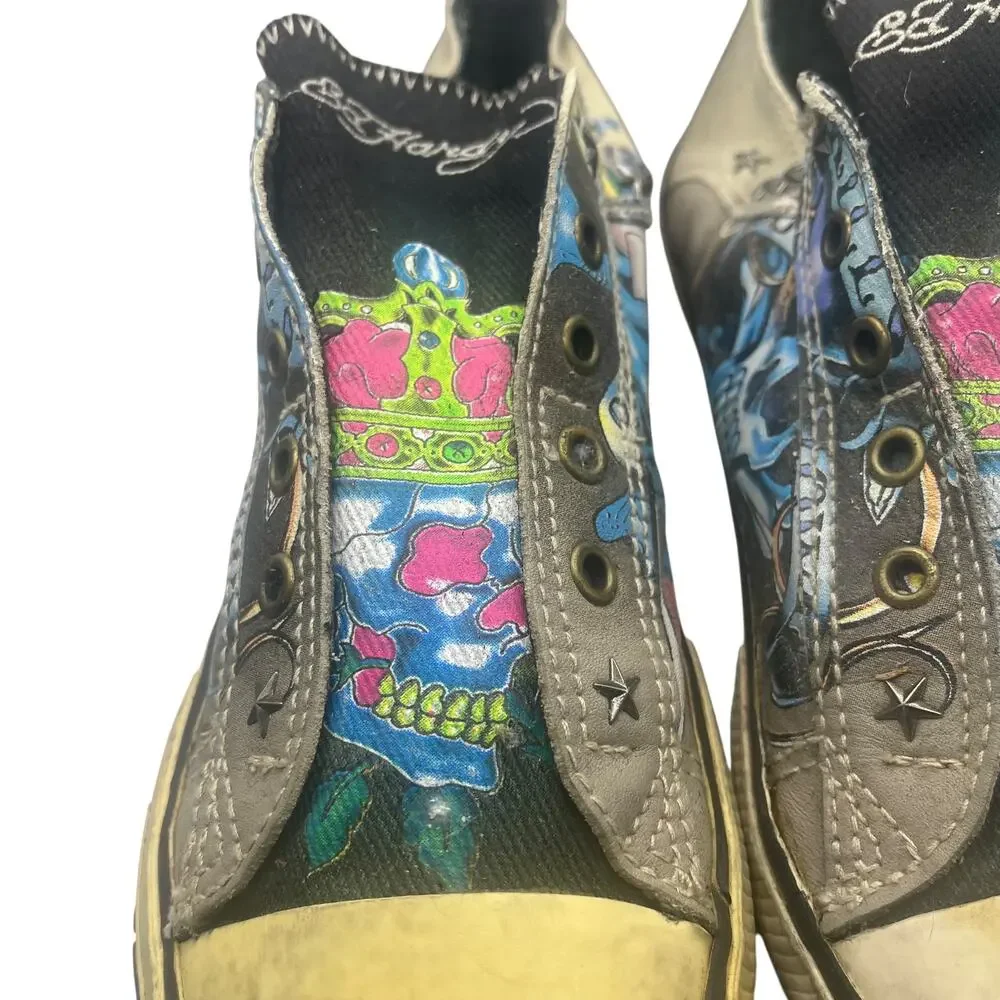 Ed Hardy Womens 10 Skull Crown Tattoo Slip On Sneakers Studded Gray Shoes